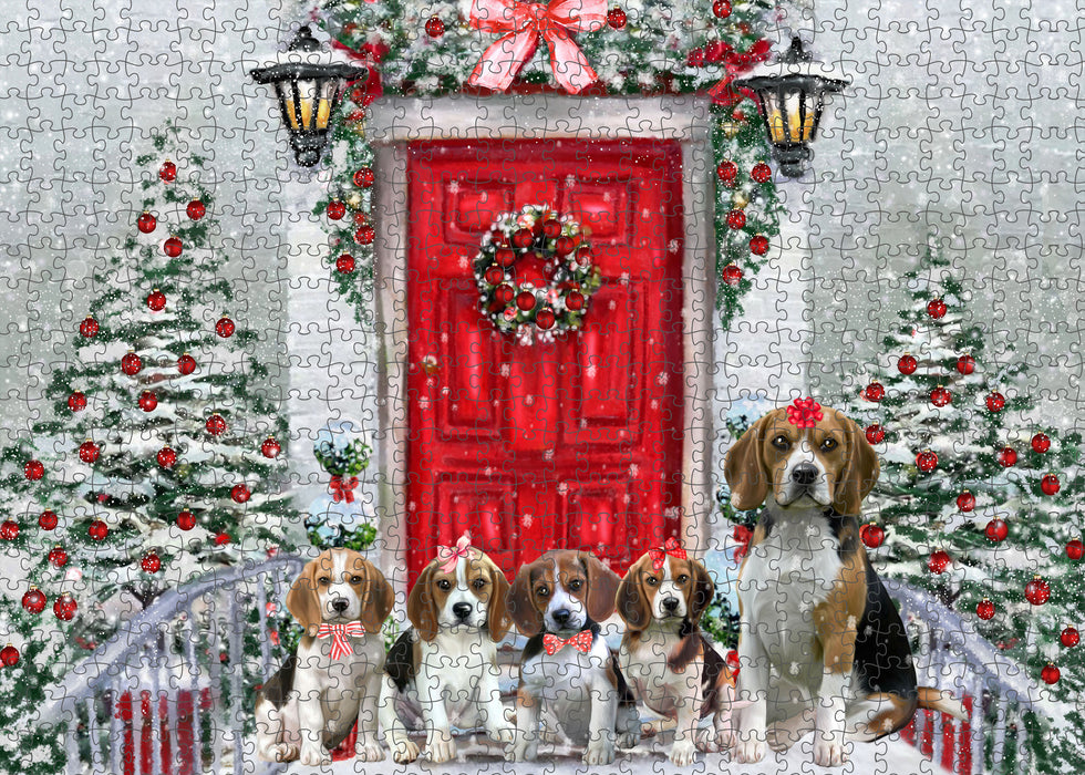 Christmas Holiday Welcome Beagle Dogs Portrait Jigsaw Puzzle for Adults Animal Interlocking Puzzle Game Unique Gift for Dog Lover's with Metal Tin Box