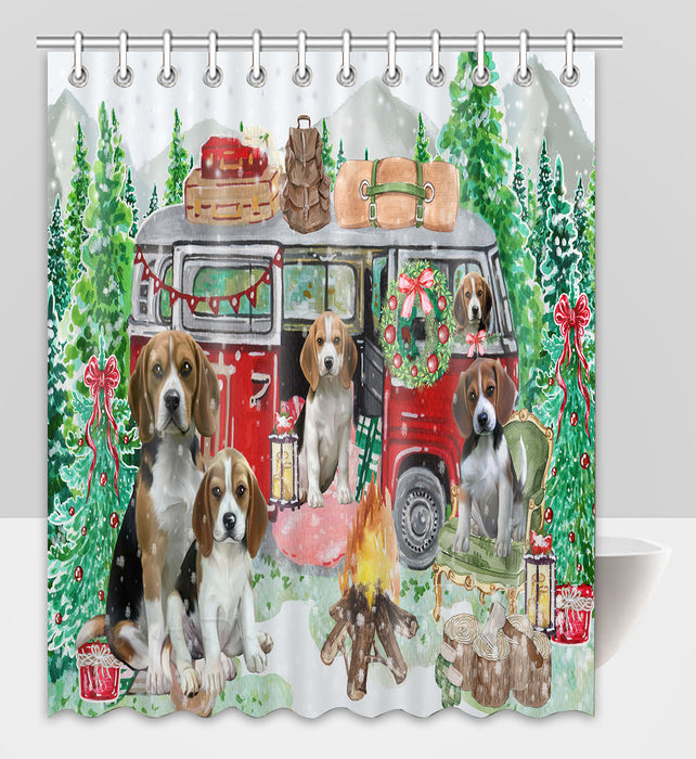 Christmas Time Camping with Beagle Dogs Shower Curtain Pet Painting Bathtub Curtain Waterproof Polyester One-Side Printing Decor Bath Tub Curtain for Bathroom with Hooks