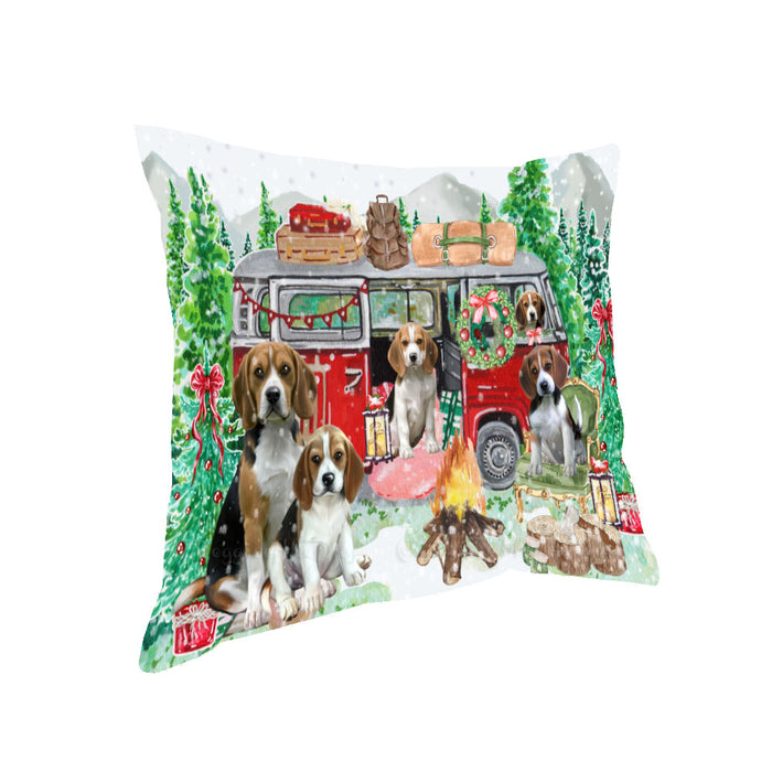 Christmas Time Camping with Beagle Dogs Pillow with Top Quality High-Resolution Images - Ultra Soft Pet Pillows for Sleeping - Reversible & Comfort - Ideal Gift for Dog Lover - Cushion for Sofa Couch Bed - 100% Polyester