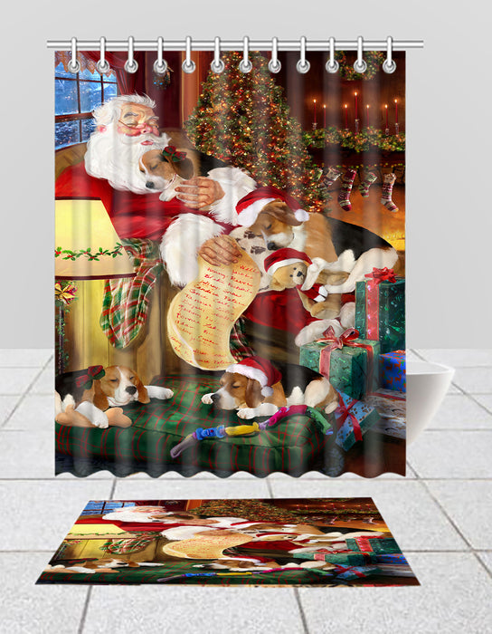 Santa Sleeping with Beagle Dogs  Bath Mat and Shower Curtain Combo