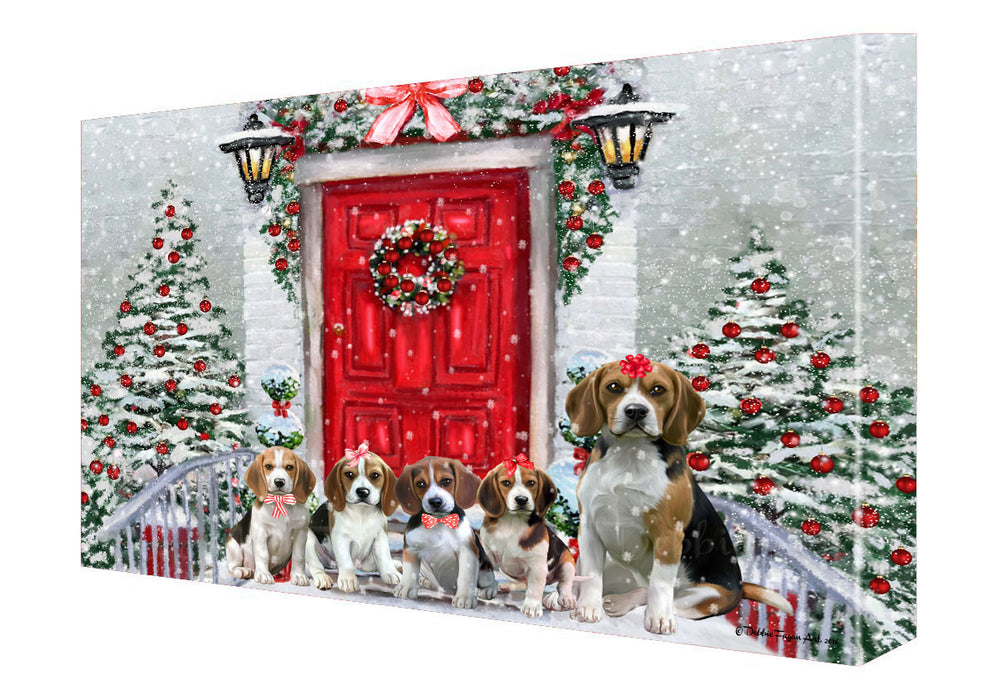 Christmas Holiday Welcome Beagle Dogs Canvas Wall Art - Premium Quality Ready to Hang Room Decor Wall Art Canvas - Unique Animal Printed Digital Painting for Decoration