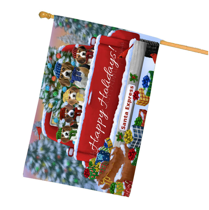 Christmas Red Truck Travlin Home for the Holidays Beagle Dogs House Flag Outdoor Decorative Double Sided Pet Portrait Weather Resistant Premium Quality Animal Printed Home Decorative Flags 100% Polyester