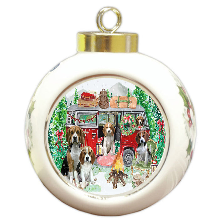 Christmas Time Camping with Beagle Dogs Round Ball Christmas Ornament Pet Decorative Hanging Ornaments for Christmas X-mas Tree Decorations - 3" Round Ceramic Ornament