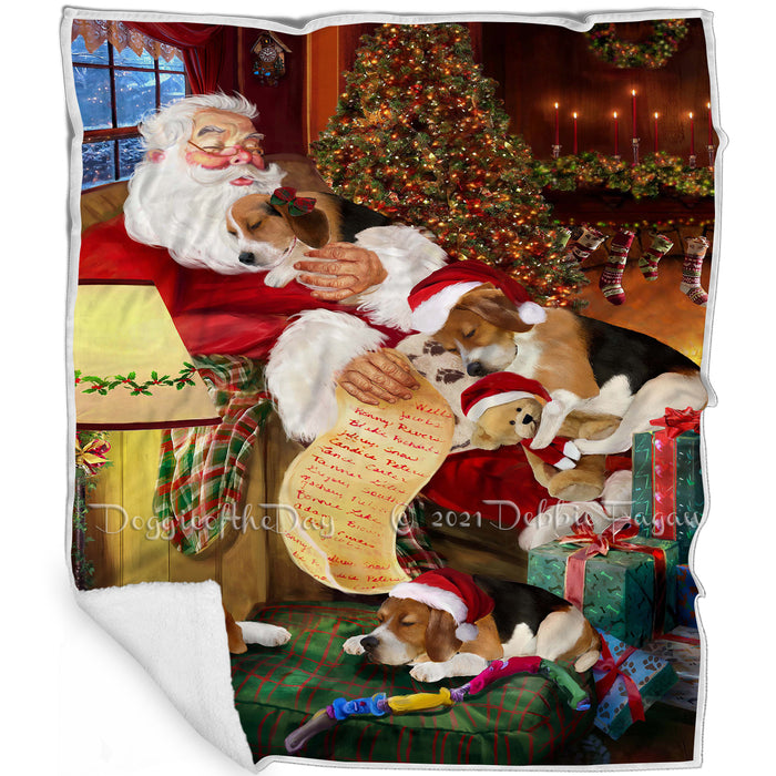 Beagle Dog and Puppies Sleeping with Santa Blanket