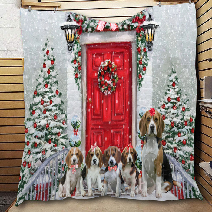 Christmas Holiday Welcome Beagle Dogs  Quilt Bed Coverlet Bedspread - Pets Comforter Unique One-side Animal Printing - Soft Lightweight Durable Washable Polyester Quilt
