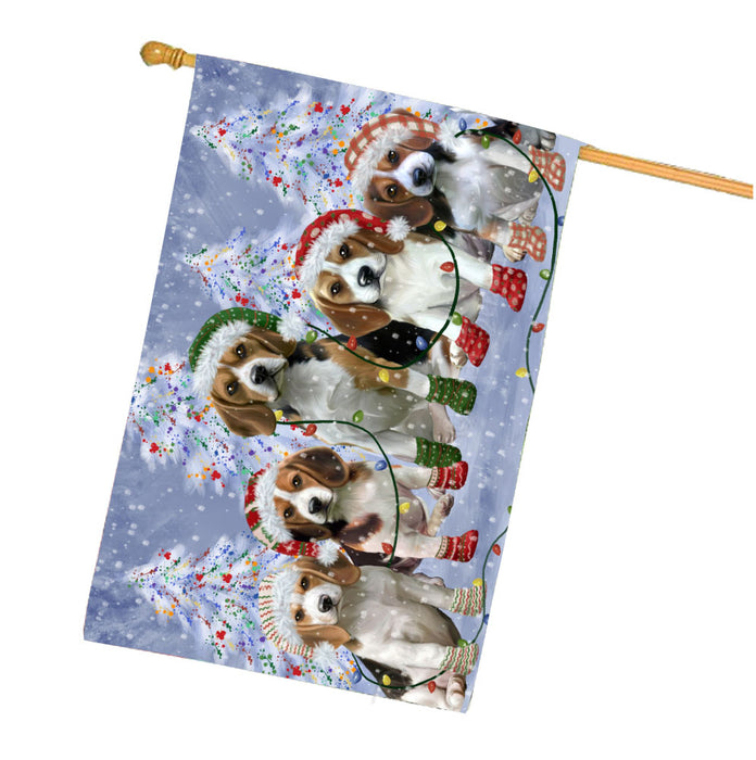 Christmas Lights and Beagle Dogs House Flag Outdoor Decorative Double Sided Pet Portrait Weather Resistant Premium Quality Animal Printed Home Decorative Flags 100% Polyester