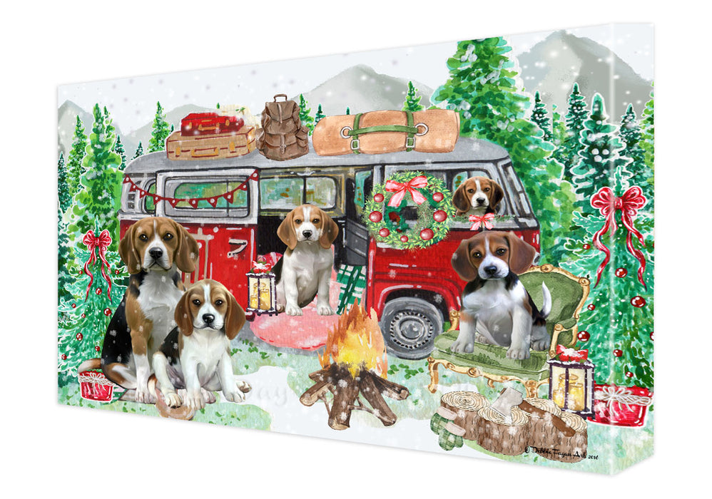 Christmas Time Camping with Beagle Dogs Canvas Wall Art - Premium Quality Ready to Hang Room Decor Wall Art Canvas - Unique Animal Printed Digital Painting for Decoration