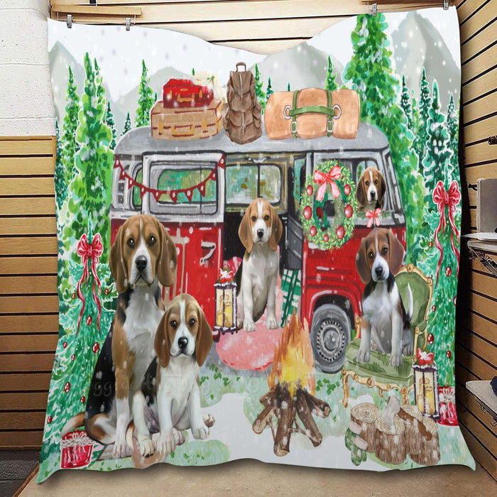 Christmas Time Camping with Beagle Dogs  Quilt Bed Coverlet Bedspread - Pets Comforter Unique One-side Animal Printing - Soft Lightweight Durable Washable Polyester Quilt