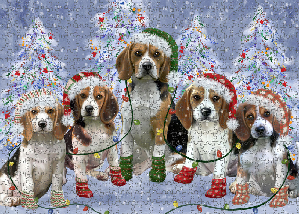 Christmas Lights and Beagle Dogs Portrait Jigsaw Puzzle for Adults Animal Interlocking Puzzle Game Unique Gift for Dog Lover's with Metal Tin Box