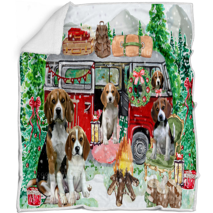 Christmas Time Camping with Beagle Dogs Blanket - Lightweight Soft Cozy and Durable Bed Blanket - Animal Theme Fuzzy Blanket for Sofa Couch