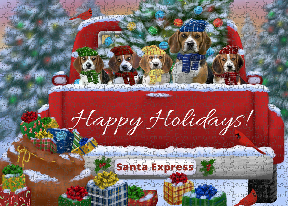 Christmas Red Truck Travlin Home for the Holidays Beagle Dogs Portrait Jigsaw Puzzle for Adults Animal Interlocking Puzzle Game Unique Gift for Dog Lover's with Metal Tin Box