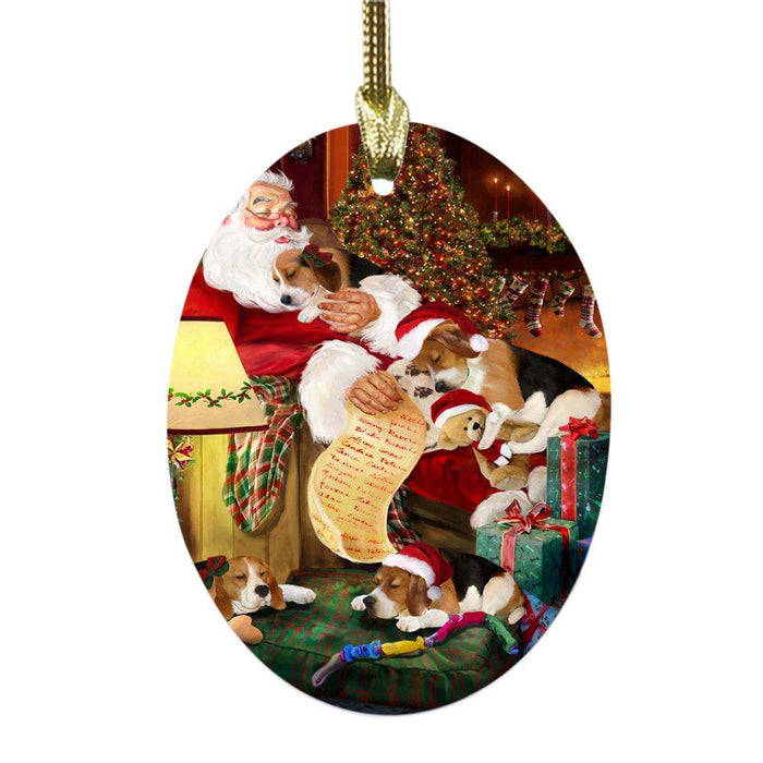 Beagles Dog and Puppies Sleeping with Santa Oval Glass Christmas Ornament OGOR49243