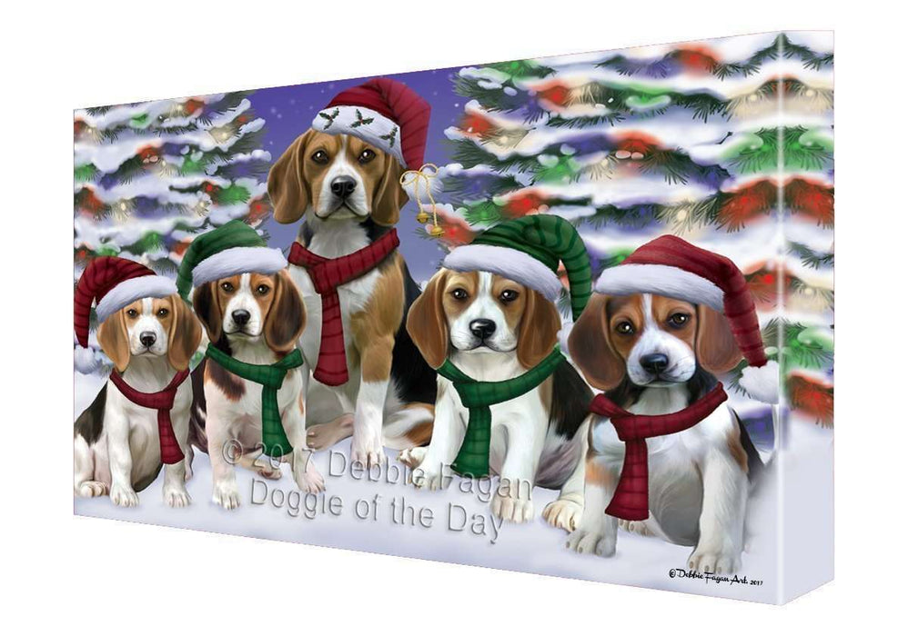 Beagles Dog Christmas Family Portrait in Holiday Scenic Background Canvas Wall Art