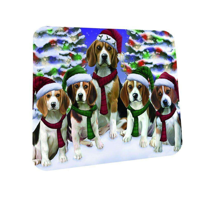 Beagles Dog Christmas Family Portrait in Holiday Scenic Background Coasters Set of 4