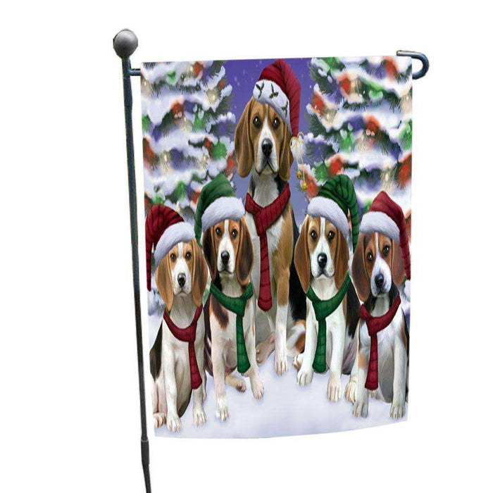 Beagles Dog Christmas Family Portrait in Holiday Scenic Background Garden Flag