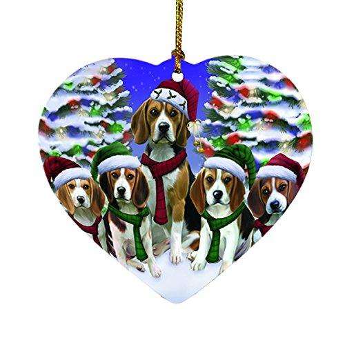 Beagles Dog Christmas Family Portrait in Holiday Scenic Background Heart Ornament D130