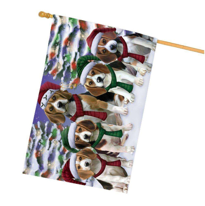 Beagles Dog Christmas Family Portrait in Holiday Scenic Background House Flag