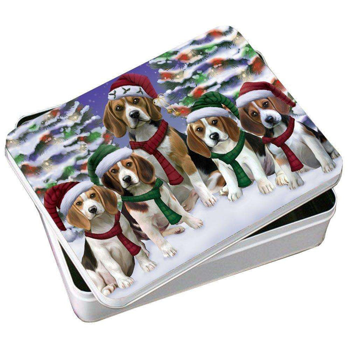 Beagles Dog Christmas Family Portrait in Holiday Scenic Background Photo Storage Tin