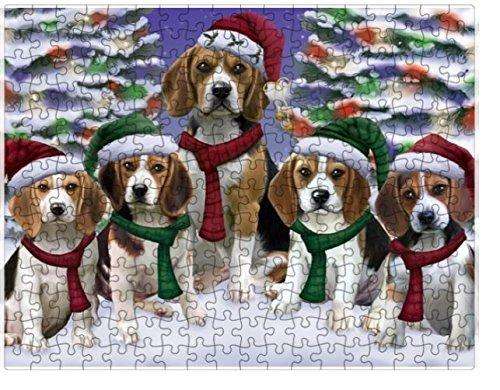 Beagles Dog Christmas Family Portrait in Holiday Scenic Background Puzzle with Photo Tin