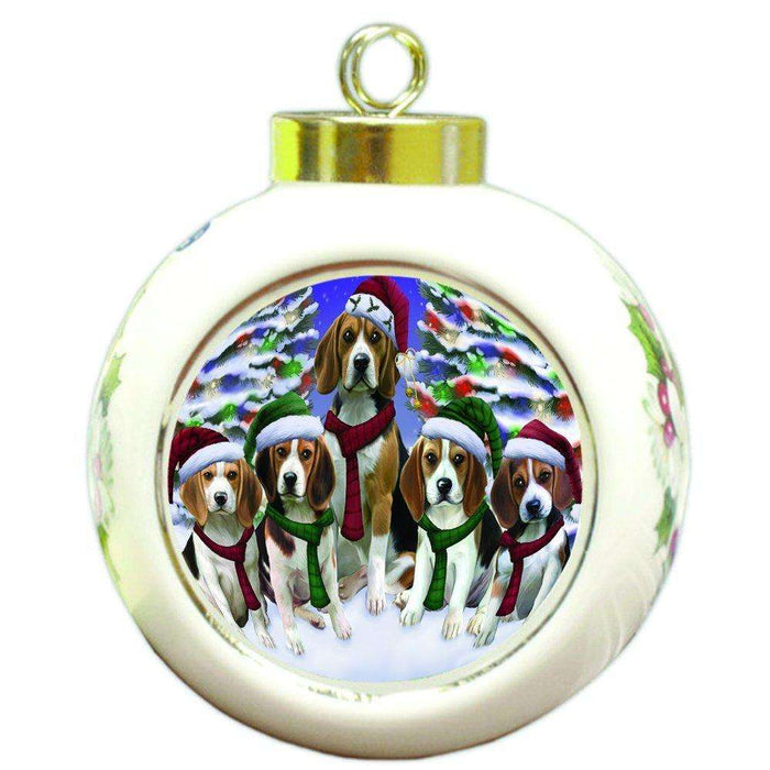 Beagles Dog Christmas Family Portrait in Holiday Scenic Background Round Ball Ornament D130