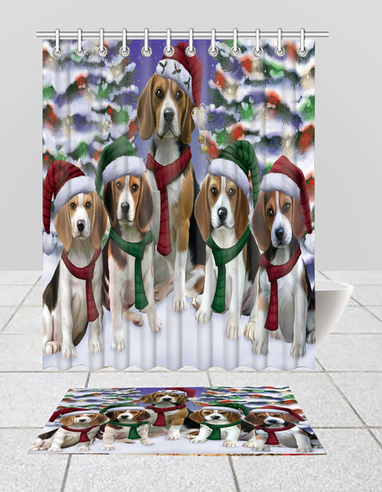 Beagle Dogs Christmas Family Portrait in Holiday Scenic Background  Bath Mat and Shower Curtain Combo