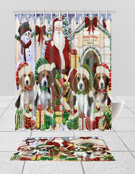 Happy Holidays Christmas Beagle Dogs House Gathering Bath Mat and Shower Curtain Combo