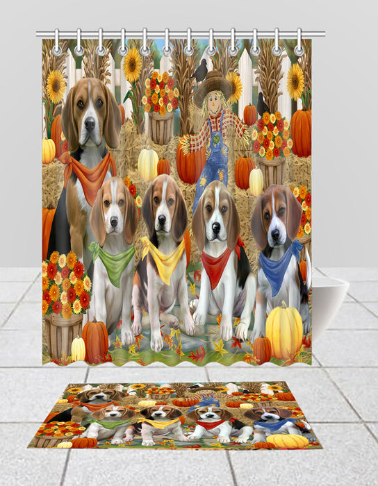 Fall Festive Harvest Time Gathering Beagle Dogs Bath Mat and Shower Curtain Combo