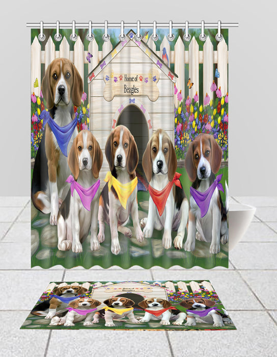 Spring Dog House Beagle Dogs Bath Mat and Shower Curtain Combo