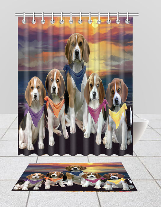 Family Sunset Portrait Beagle Dogs Bath Mat and Shower Curtain Combo
