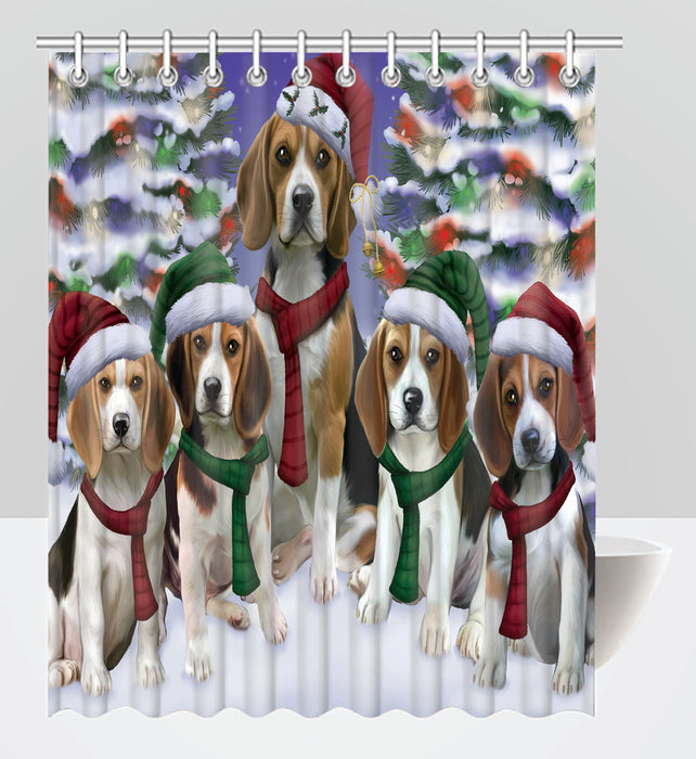 Beagle Dogs Christmas Family Portrait in Holiday Scenic Background Shower Curtain