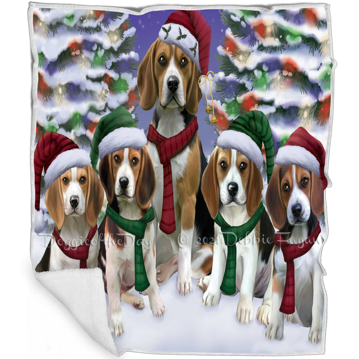 Beagles Dog Christmas Family Portrait in Holiday Scenic Background Art Portrait Print Woven Throw Sherpa Plush Fleece Blanket