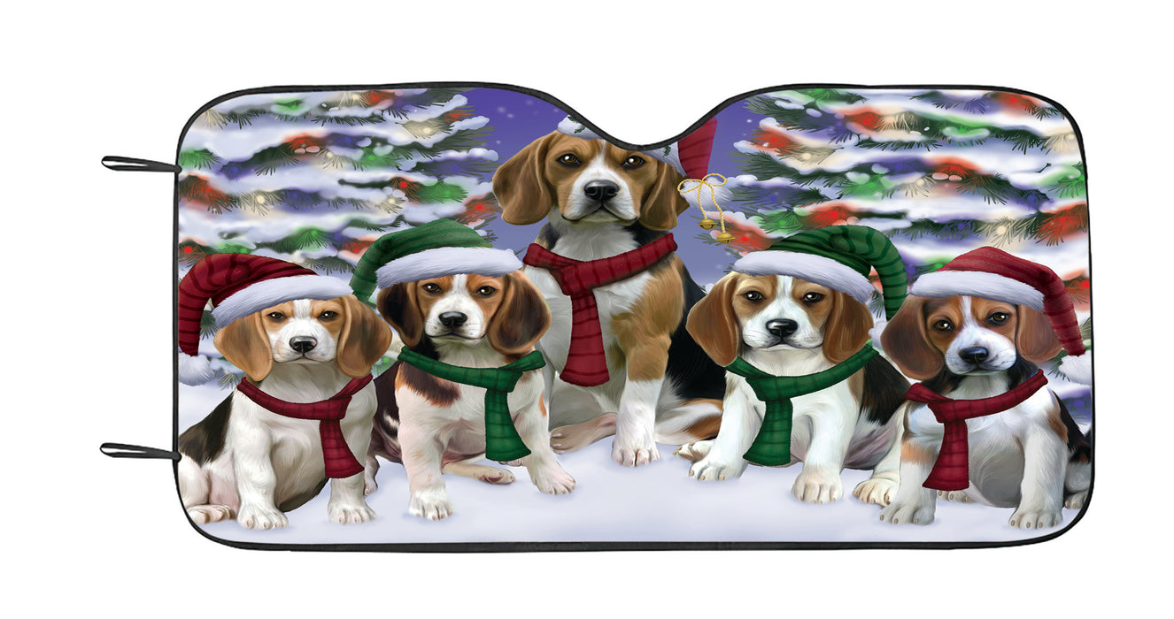 Beagle Dogs Christmas Family Portrait in Holiday Scenic Background Car Sun Shade