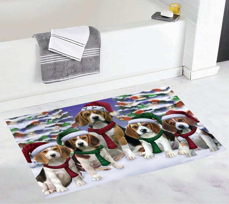 Beagle Dogs Christmas Family Portrait in Holiday Scenic Background Bath Mat