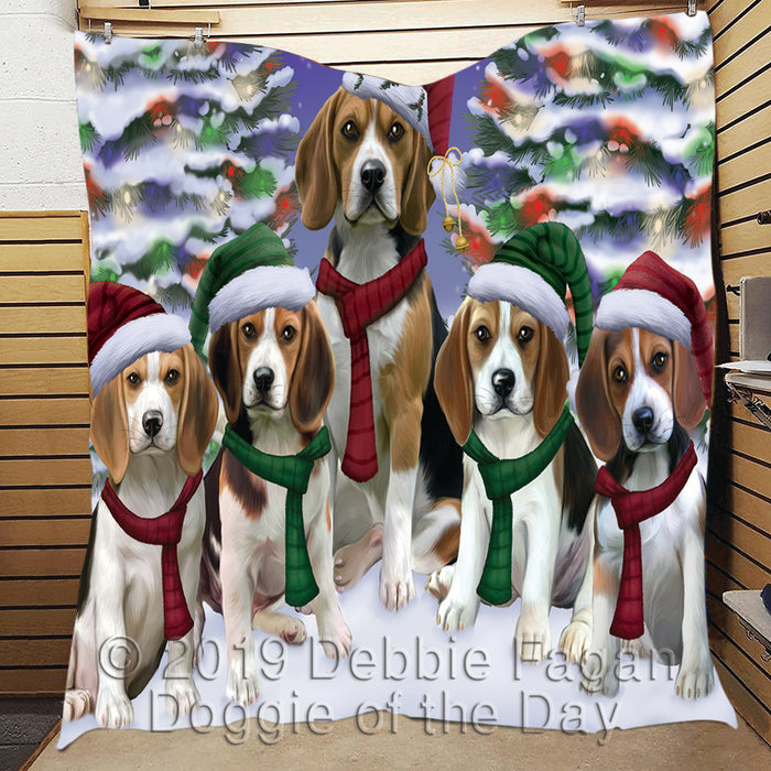Beagle Dogs Christmas Family Portrait in Holiday Scenic Background Quilt