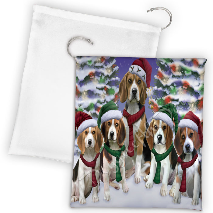 Beagle Dogs Christmas Family Portrait in Holiday Scenic Background Drawstring Laundry or Gift Bag LGB48112