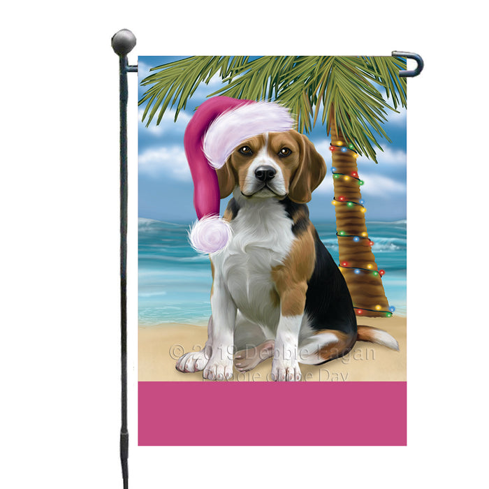 Personalized Summertime Happy Holidays Christmas Beagle Dog on Tropical Island Beach  Custom Garden Flags GFLG-DOTD-A60397