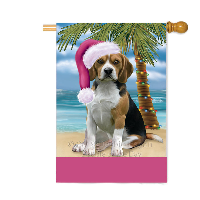Personalized Summertime Happy Holidays Christmas Beagle Dog on Tropical Island Beach Custom House Flag FLG-DOTD-A60453