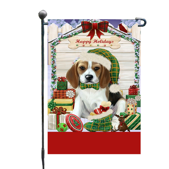 Personalized Happy Holidays Christmas Beagle Dog House with Presents Custom Garden Flags GFLG-DOTD-A59273