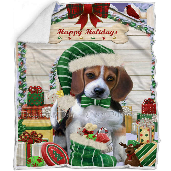 Happy Holidays Christmas Beagle Dog House with Presents Blanket BLNKT78006