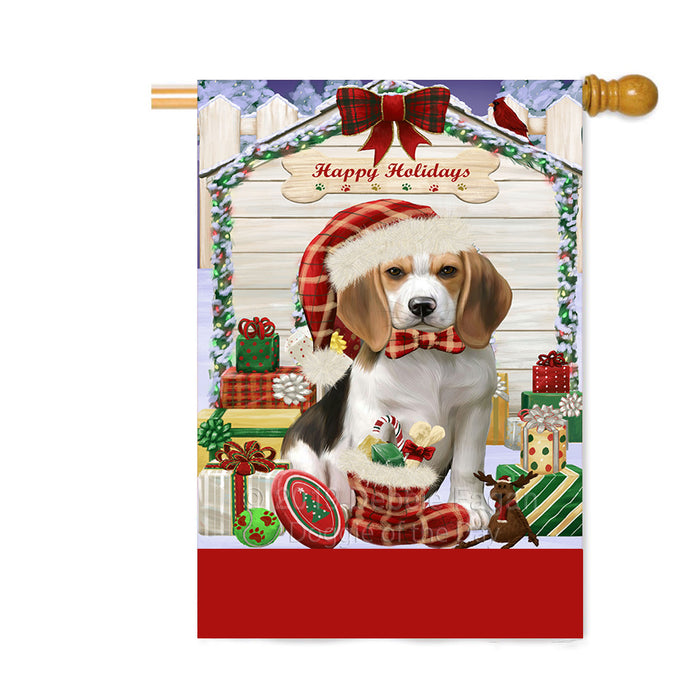 Personalized Happy Holidays Christmas Beagle Dog House with Presents Custom House Flag FLG-DOTD-A59330