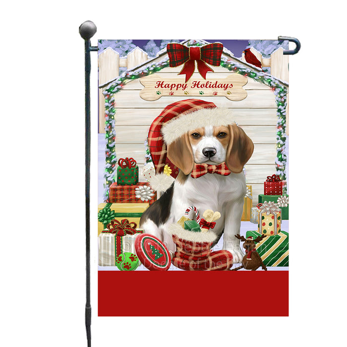 Personalized Happy Holidays Christmas Beagle Dog House with Presents Custom Garden Flags GFLG-DOTD-A59274