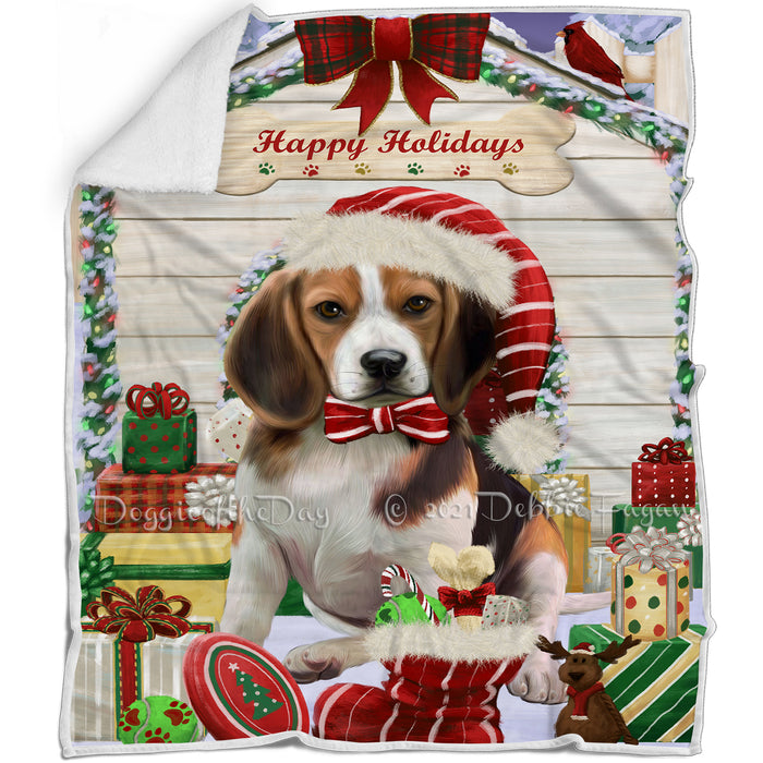 Happy Holidays Christmas Beagle Dog House with Presents Blanket BLNKT78024