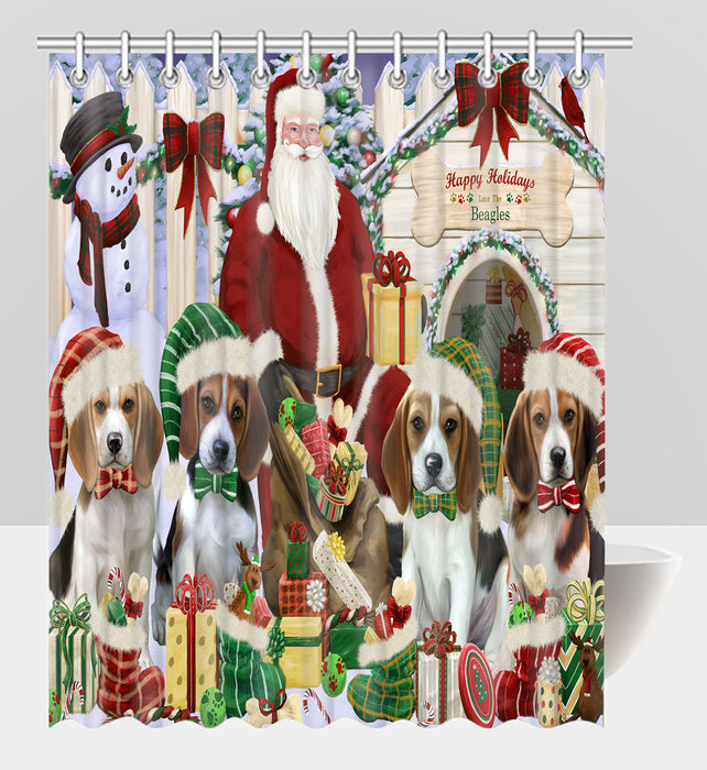 Happy Holidays Christmas Beagle Dogs House Gathering Shower Curtain