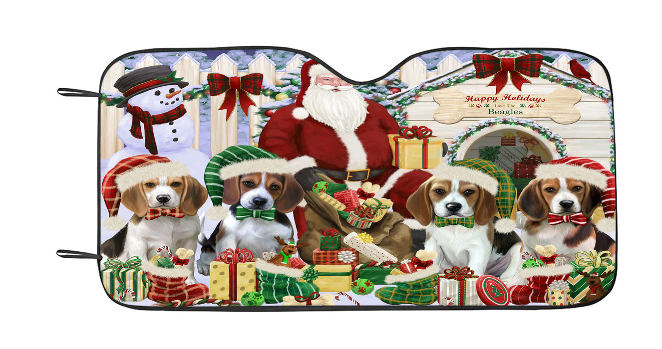 Happy Holidays Christmas Beagle Dogs House Gathering Car Sun Shade