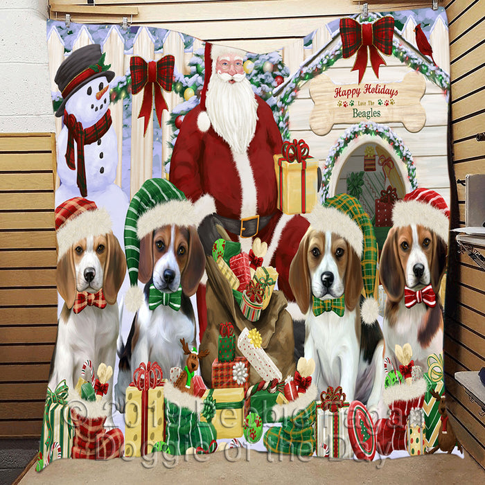 Happy Holidays Christmas Beagle Dogs House Gathering Quilt