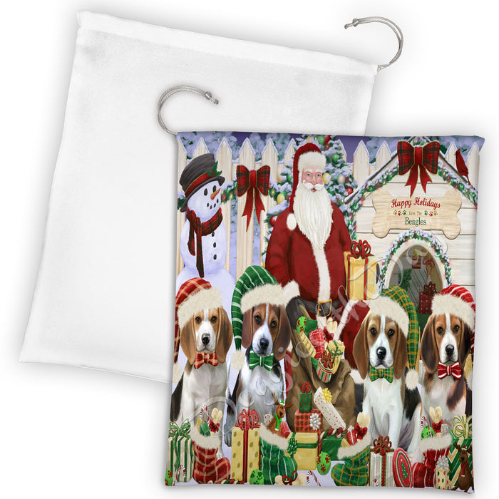 Happy Holidays Christmas Beagle Dogs House Gathering Drawstring Laundry or Gift Bag LGB48015