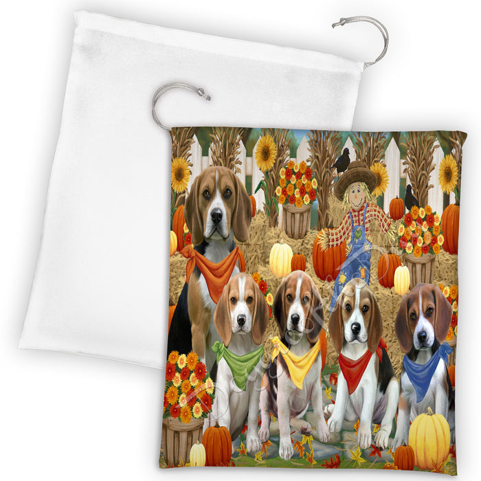 Fall Festive Harvest Time Gathering Beagle Dogs Drawstring Laundry or Gift Bag LGB48373