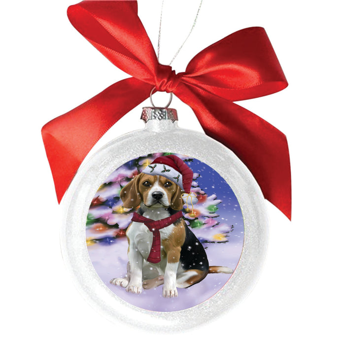 Winterland Wonderland Beagle Dog In Christmas Holiday Scenic Background White Round Ball Christmas Ornament WBSOR49508