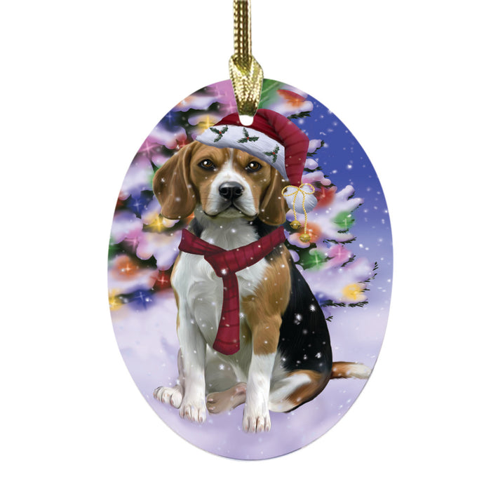 Winterland Wonderland Beagle Dog In Christmas Holiday Scenic Background Oval Glass Christmas Ornament OGOR49508