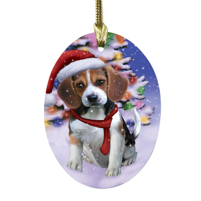 Winterland Wonderland Beagle Dog In Christmas Holiday Scenic Background Oval Glass Christmas Ornament OGOR49509